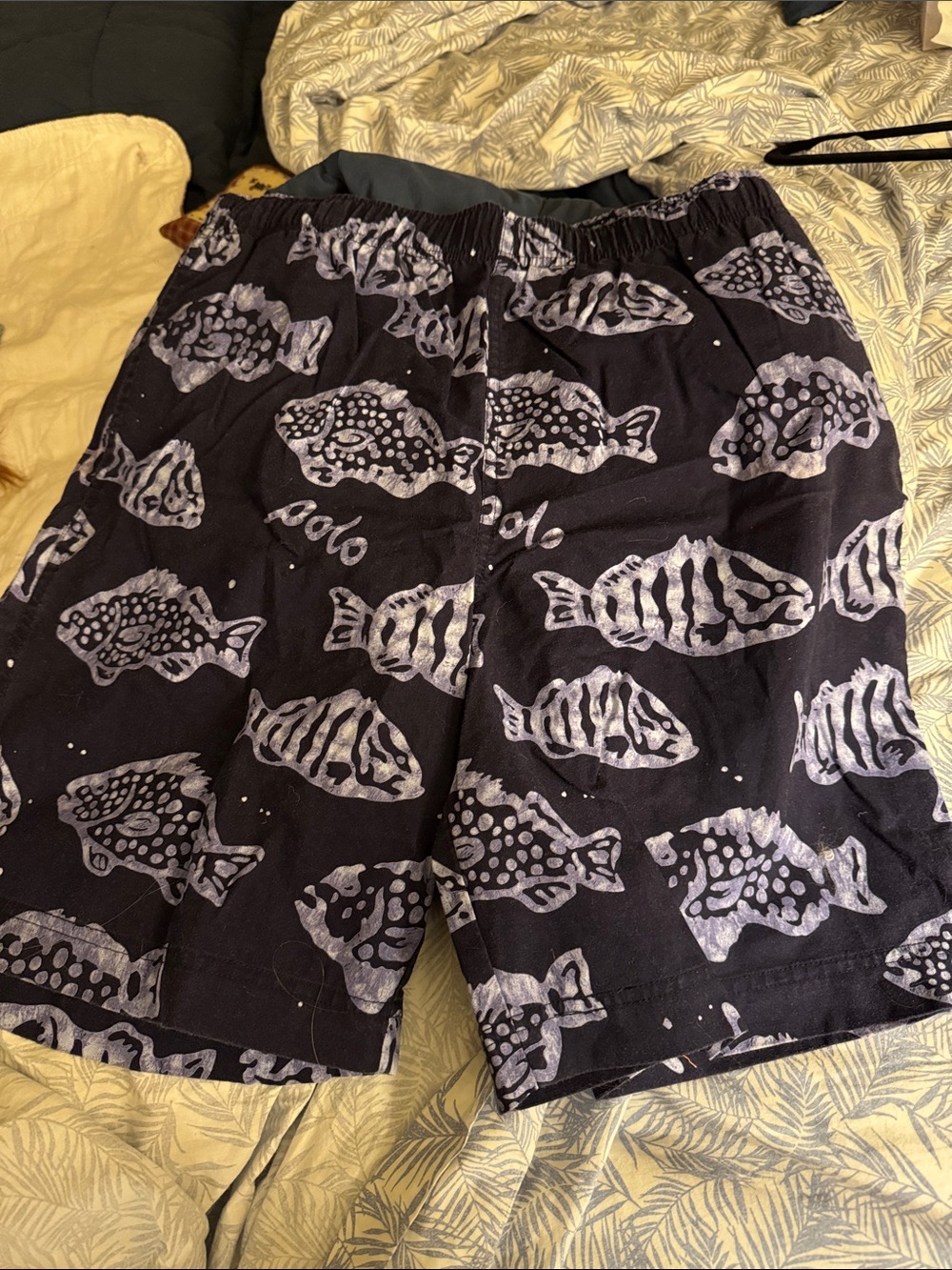 Polo by Ralph Lauren Black Swim Board Shorts with Light Gray Fish Print